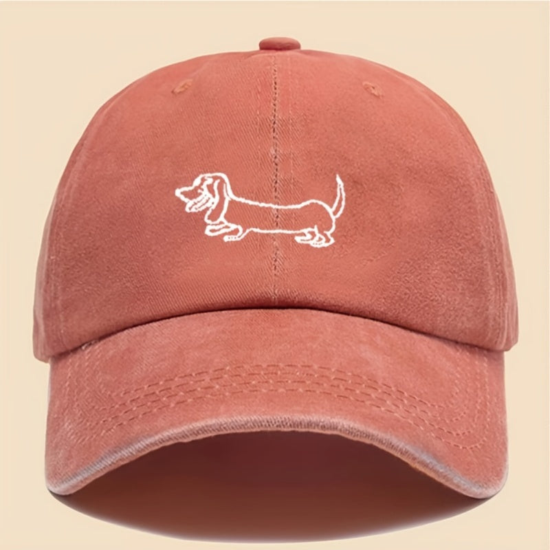 Vintage Washed Baseball Cap with Adorable Dachshund Embroidery - Black Textile, Breathable & Durable Unisex Casual Outdoor Hat for Men and Women, Hand Washable, Casual Headwear | Embroidered Cap | Breathable Fabric