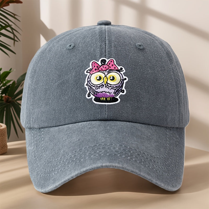 Vintage Washed Duckbill Baseball Cap with Owl Patch - Distressed Soft Breathable Sweat-Absorbent Suitable for Outdoor,, Camping, Fishing, Streetwear Hat, Washed Retro for Climbing and Casual Wear