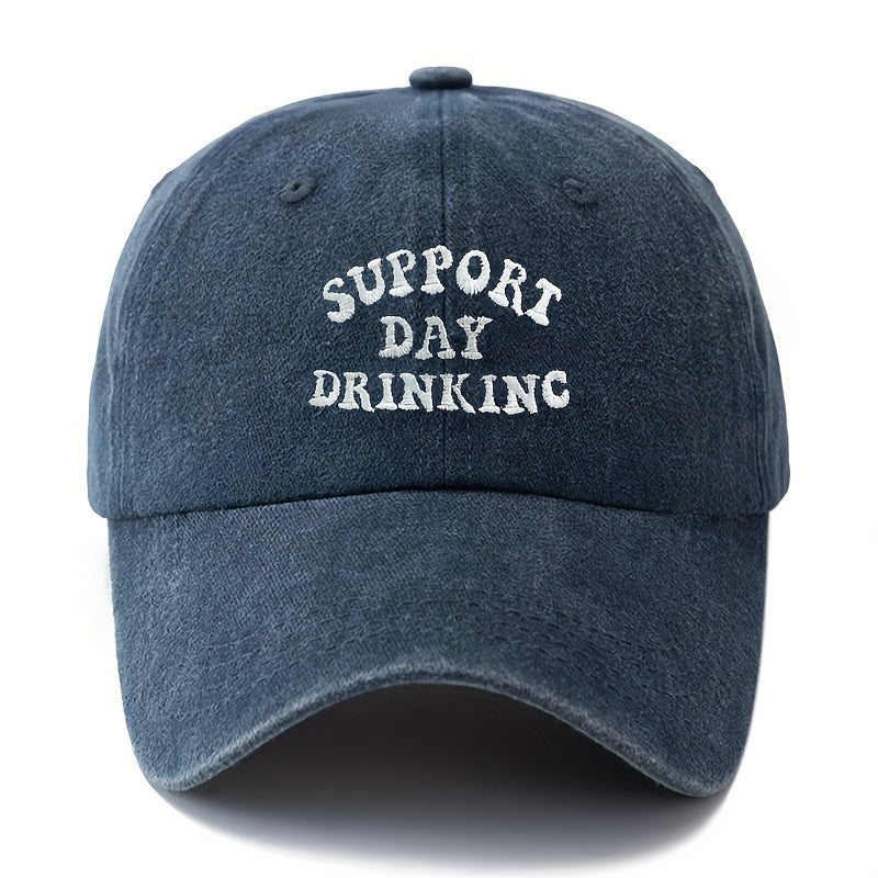 "SUPPORT DAY DRINKING" Baseball Cap - Curved Brim Trucker Hat Suitable for Outdoor Vacations, Camping, Casual Wear, Hand Washable Textile Cap with Phrase, for Day Drinking Events & Everyday Use