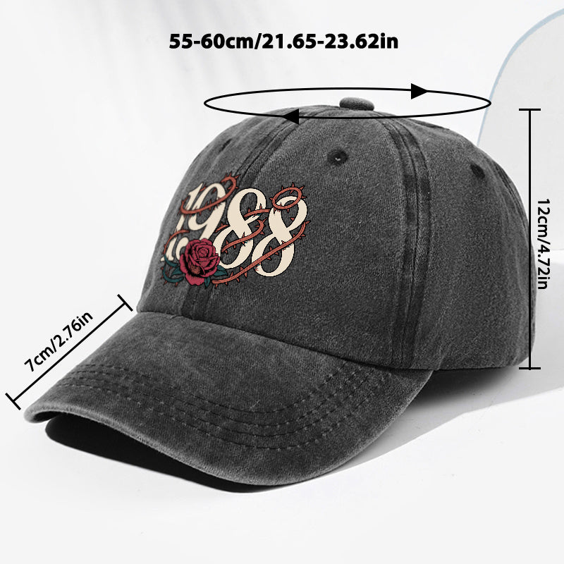Unisex Thorn Flower 1988 Print Washed Vintage Baseball Cap, Fashionable Sun Outdoor Hat for Men and Women, Adjustable Trucker Hat Suitable for All Seasons and Daily Wear