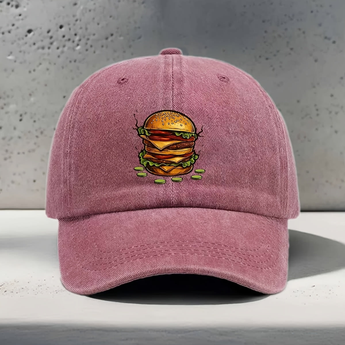 Men's & Women's Baseball Cap with Burger Print - Adjustable Snapback Curved Brim Hat, Washed Suitable for Daily Outings, Casual Wear,, Hip-Hop Style - Unisex Washed Cap for All Head Sizes, Comfortable for Hamburger
