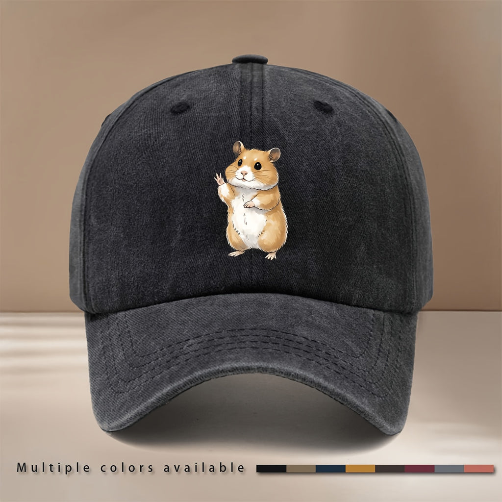 This Is a Baseball Cap with a Waving Hamster Print. It Features a Relaxed Fit, Adjustable Sizing, and a Simple, Trendy Curved Brim. Suitable for Both Men and Women, It Is a Versatile Six-panel Hat Perfect for Outdoor Sports, Dinners