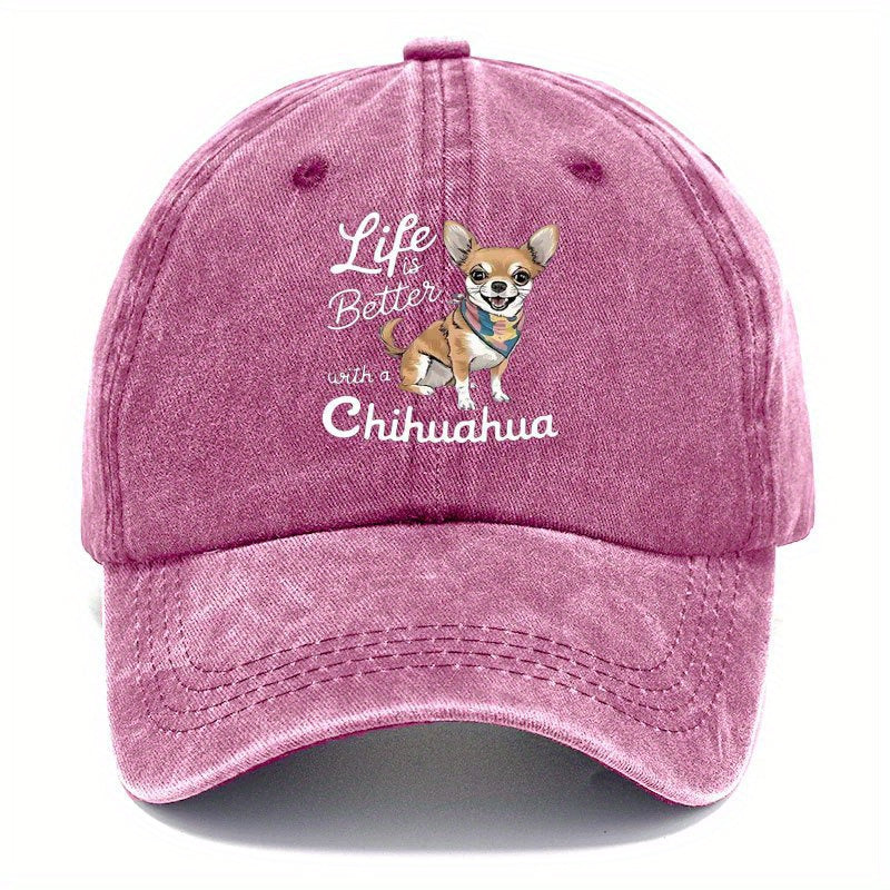 Adjustable "with Chihuahua Life Is Better"  Cap- Breathable Lightweight Viscose Fabric, Hand Wash Only, Suitable for Outdoor Sports and Casual Wear