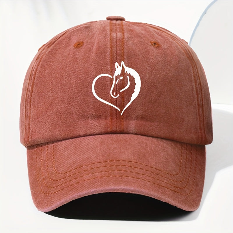 Unisex Heart Horse Head Print Washed Vintage Baseball Cap Fashion Men Women Sun Hat Adjustable Size Trucker Cap Suitable for All Seasons Daily Wear
