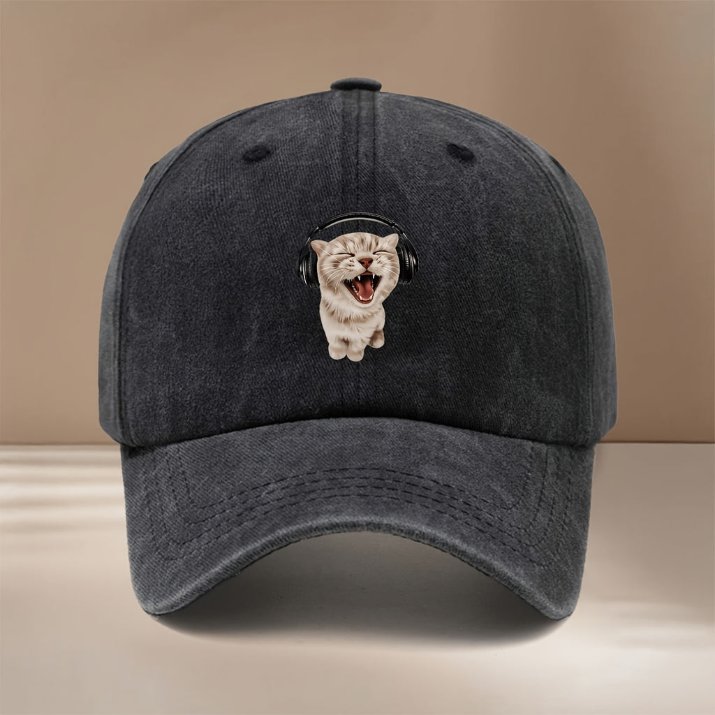 This Is a Baseball Cap with Printed Hi-Cat Wearing Headphones, Casual Adjustable Size Duckbill Hat Unisex Trendy Easy Curved Cap Outdoor Sports Dining Camping Matching Comfortable Individual 6-Panel Cap Sports Event Support Matching Lightweight Hip