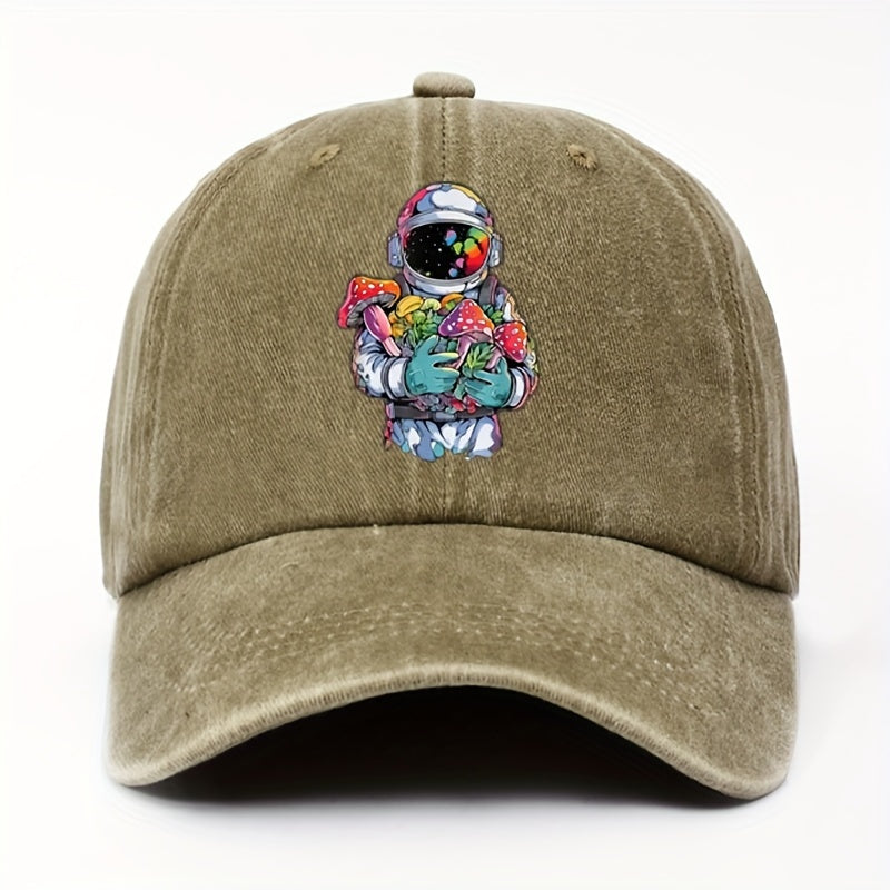 Vintage-style Astronaut Holding Various Mushroom Prints, Washed Baseball Cap, Fun Adjustable Hat