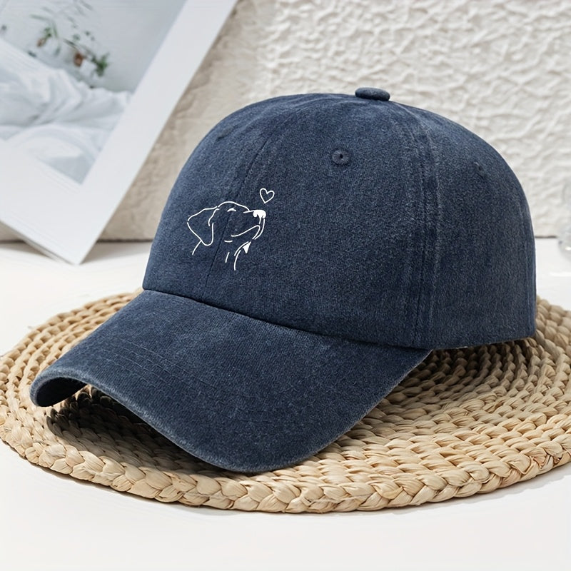 Women's Vintage Washed White Baseball Cap with Black Labrador Print- Soft and Lightweight All-Season Non-Elastic Cap, Wide Brim Design, Suitable for Leisure and Dog Walking, Hand Washable Pet Lover Accessory, Women's Hat, Women's Hat, Women's Hat, W