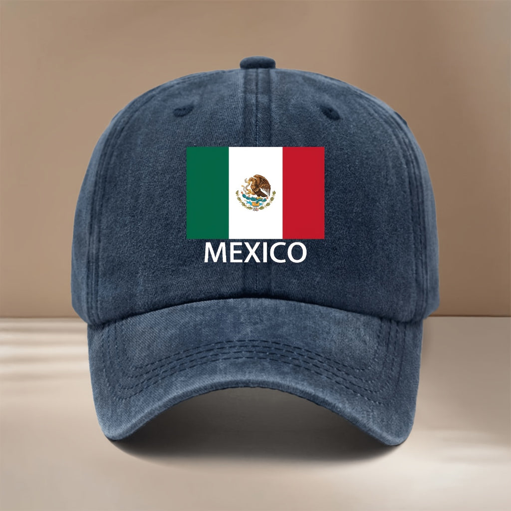 MEXICO Text Flag Print Pattern Baseball Cap for Vacation, Travel, Dinner Parties, and Camping. Six-Panel Hat with a Simple Textured Feel, Lightweight and Comfortable Curved Brim Cap. Unisex Casual Hat, Hip-Hop Hat with Adjustable Size, Relaxed Fit