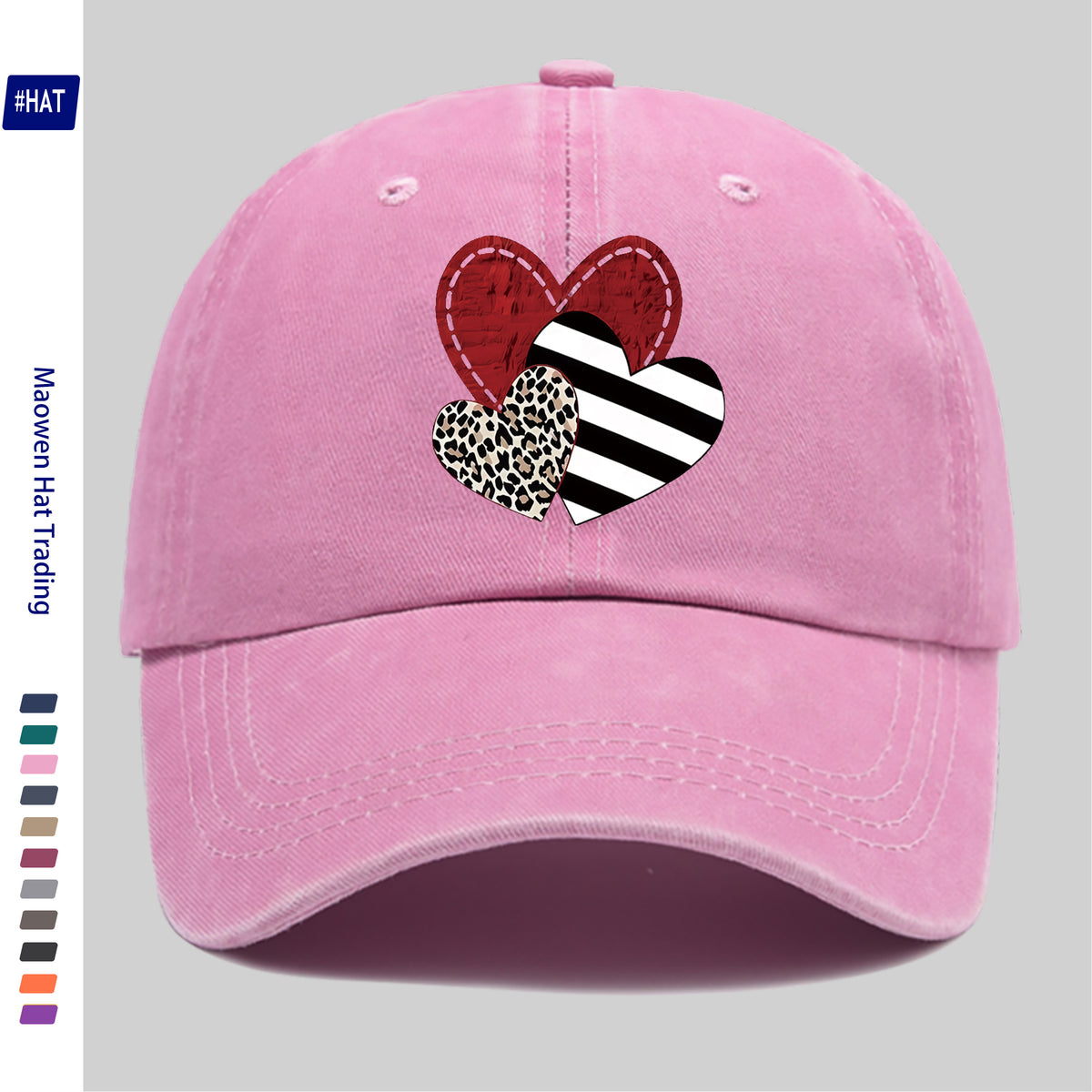 A Washed Baseball Cap with Iron-on Transfer Designs of Red Hearts, Black Striped Hearts, Leopard Print Hearts, and Crossed Hearts. It Features a New Autumn/winter Vintage Style, Is Unisex, Adjustable in Size, Lightweight, and Suitable for Outdoor Use
