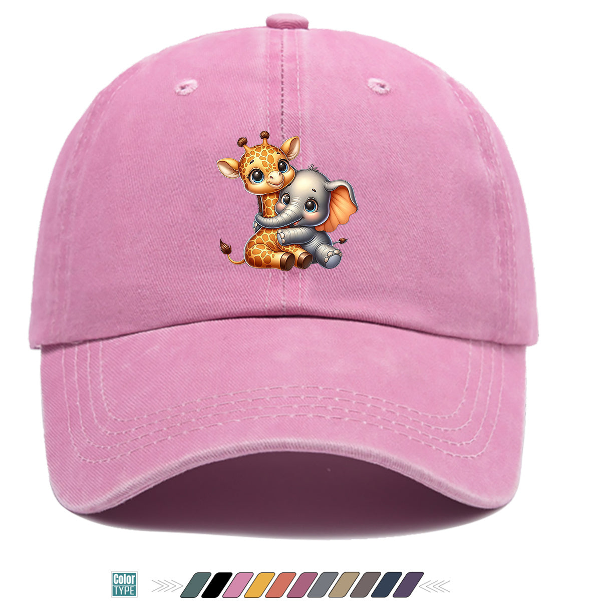 1pc Cartoon Giraffe and Baby Elephant Hugging Print Baseball Cap, Cute Animal Pattern Sun Hat, Stylish Casual Versatile Unisex Adjustable Snapback Cap, Outing Hat, Bestie Shopping Hat, Outdoor Picnic Hat, Amusement Park Hat, Birthday Holiday Gift
