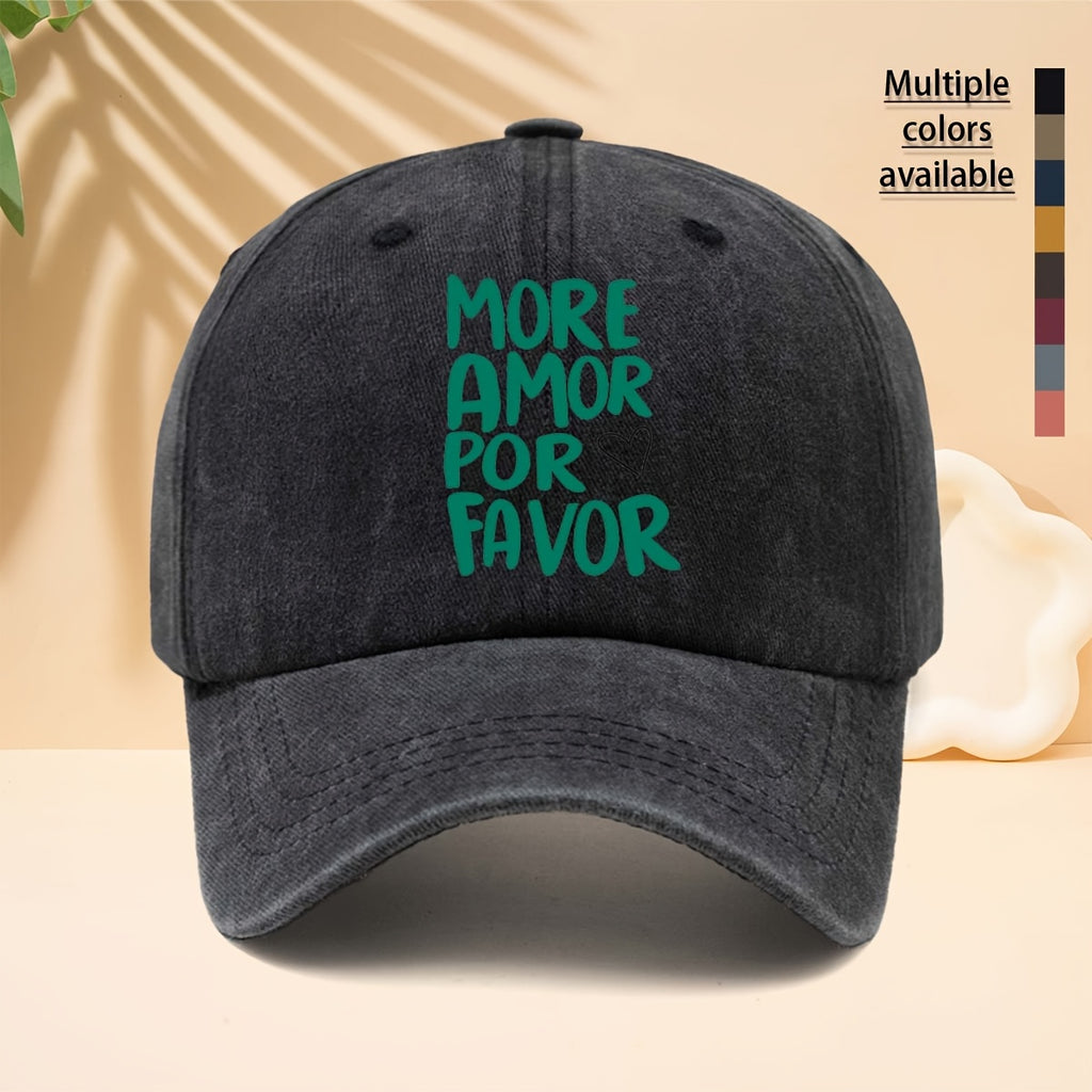 A Washed Baseball Cap with The Slogan MORE AMOR POR FAVOR, a Trucker Hat for Men And Women, a Casual Hat Suitable for All Seasons, a Six-Panel Hat with a Soft Top Design, Lightweight And Suitable for Daily Commutes, Street Style, Music Festivals