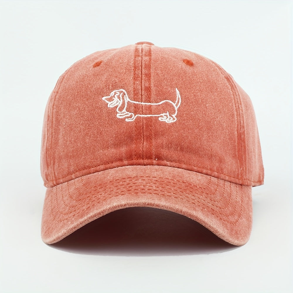 Vintage Washed Baseball Cap with Adorable Dachshund Embroidery - Black Textile, Breathable & Durable Unisex Casual Outdoor Hat for Men and Women, Hand Washable, Casual Headwear | Embroidered Cap | Breathable Fabric