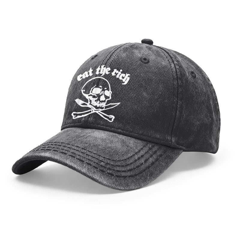 1pc Gothic Punk Baseball with Eat The Rich Skull Print - Adjustable Unisex Hat Suitable for Men & Women, Vintage Washed Design for Outdoor, Casual Wear, Gifts for Goth Subculture Fashion, Iconic Gothic Style