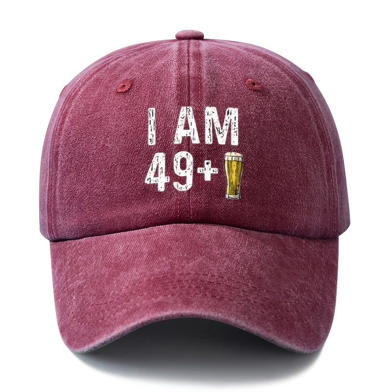 Unisex Fashion Versatile Printed I AM 49+ Beer Baseball Cap, Classic Retro Washed Outdoor Lightweight Curved Cap, Trucker Hat, Suitable for Outdoor Vacation Travel Camping And Other Casual Occasions, Holiday Party Hip-Hop Hat