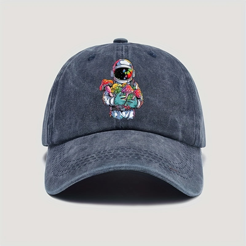 Vintage-style Astronaut Holding Various Mushroom Prints, Washed Baseball Cap, Fun Adjustable Hat