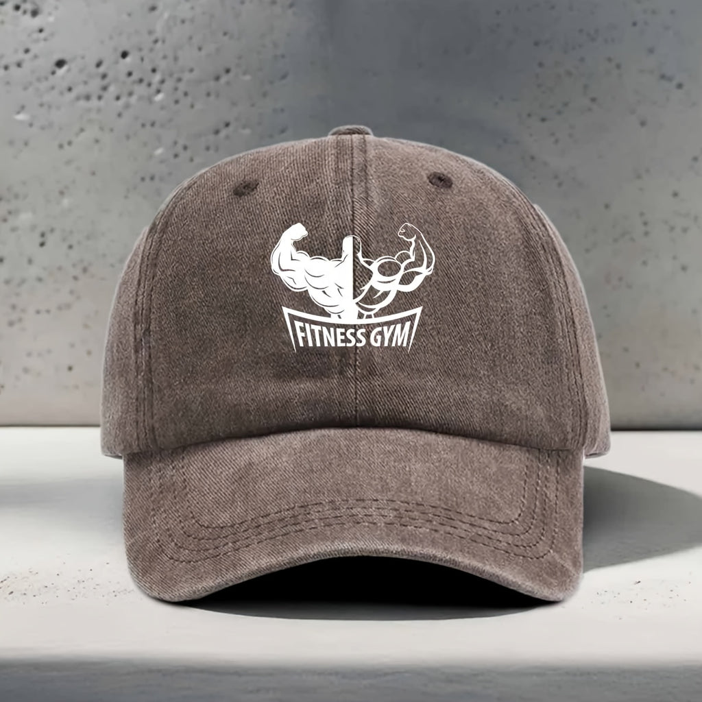 Men's & Women's Adjustable Baseball Cap with Muscle Silhouette & "FITNESS GYM" Print - Curved Brim Snapback Hat Suitable for Gym, Yoga, Outdoor Sports, Washed Style for Fitness Enthusiasts, Strength Training, Unisex
