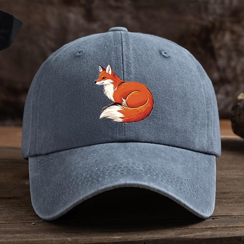 Fun Fox Print Baseball Cap Classic Washed Distressed Retro Curved Brim Hat Outdoor Casual Sports Running Hiking Camping Fishing Hat Soft Comfortable Dad Hat Individual Street Rock Hip-Hop Hat