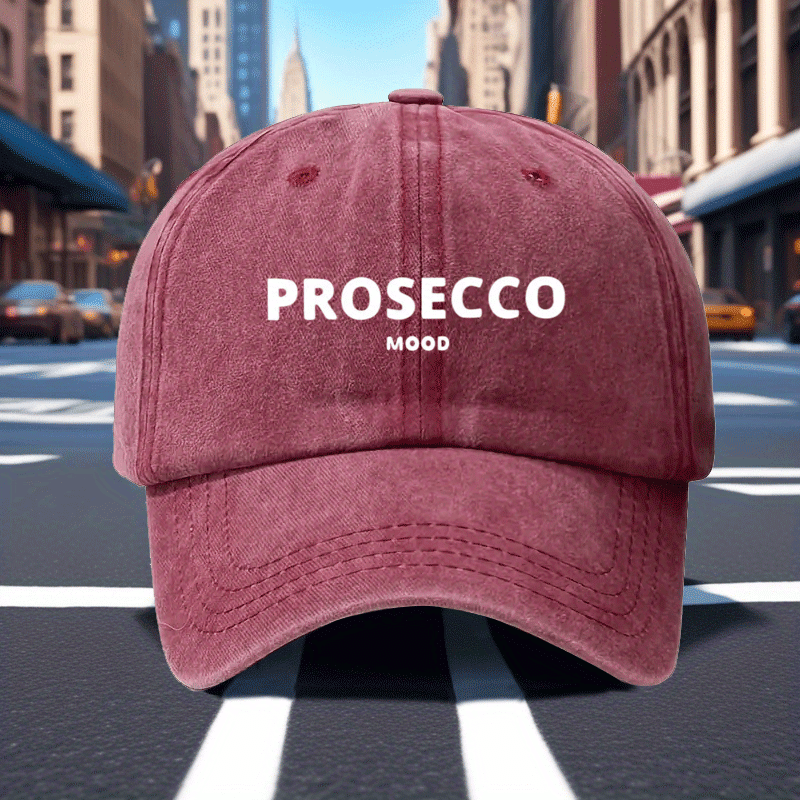 Adjustable Vintage Washed Baseball Cap with Prosecco Mood Print | Breathable Dad Hat for Men & Women, Casual Vacation Headwear, Comfortable Fit Cap | Polyester, Woven, Hand Wash Care