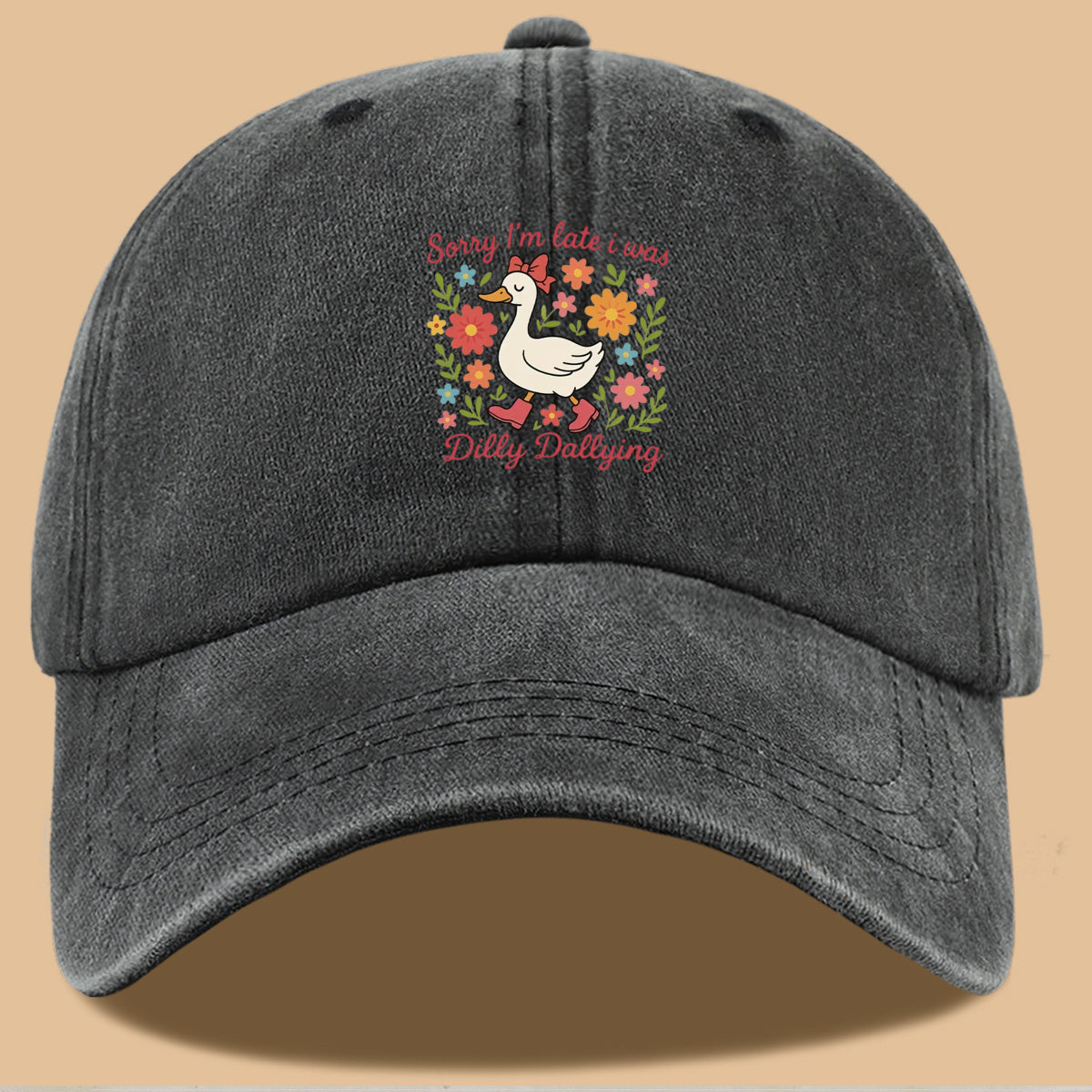 1pc Cute Duck "Sorry I'M Late, I Was Procrastinating" Printed Baseball Cap, Comfortable Breathable Sun Hat, Fashionable And Aesthetic Unisex Baseball Cap, Adjustable Size, Casual Duckbill Cap, Suitable for Picnics, Shopping, Dates, Walks, Vacations