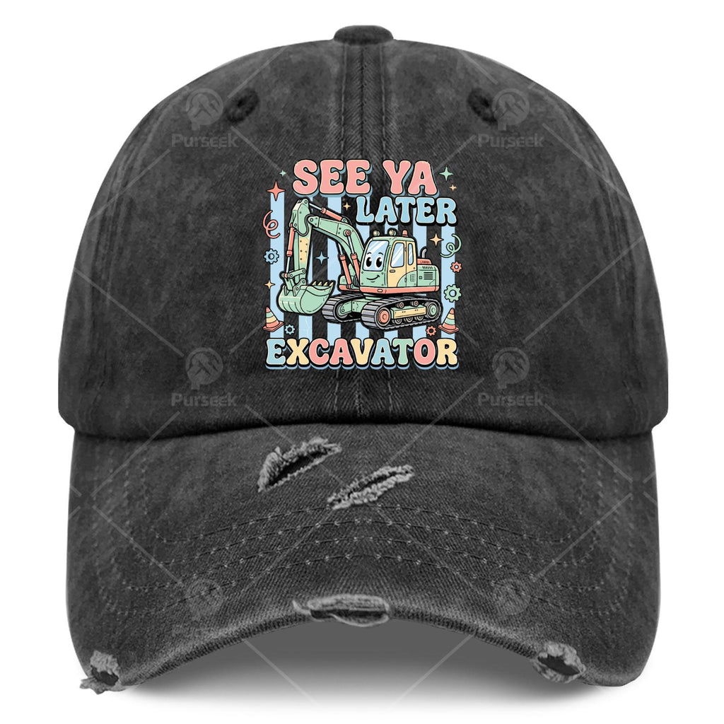 Seess Yassss Laters Excavator Truck Driver Cap - Vintage Washed Baseball Hat with Excavator Print, Machine Washable Unisex for Men & Women, Suitable for, Outdoor Activities, Retro Style