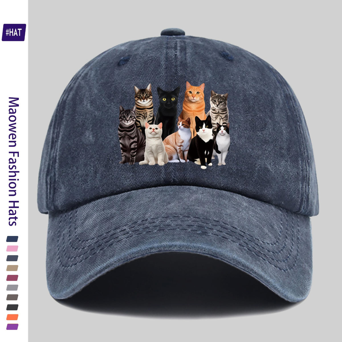 1 Vintage-style Adjustable Sports Cap, Featuring Various Cat Pattern Prints, a Washed-out Look, Suitable for Outdoor Leisure, a Fashionable Printed Breathable Baseball Cap, a Must-have Fashion Item, Ideal for Outdoor Sports and Travel Camping