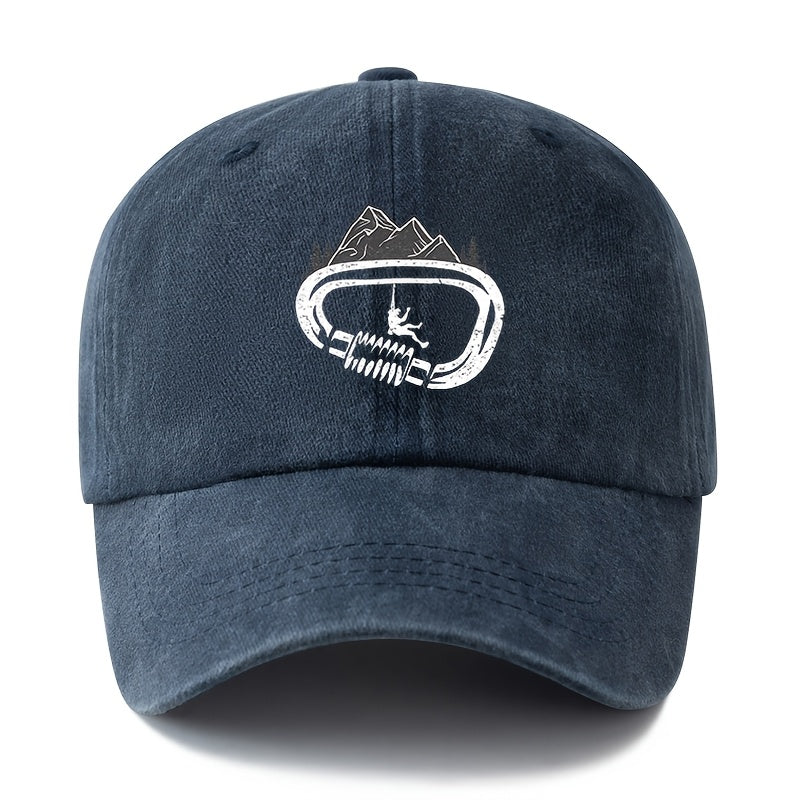 A Unisex Fashionable and Versatile Printed Rock Climbing Baseball Cap, Featuring a Classic Vintage Washed Outdoor Lightweight Curved Brim. Suitable for Casual Occasions Such as Outdoor Vacations, Travel, and Camping. Also Works as a Hip-hop Hat