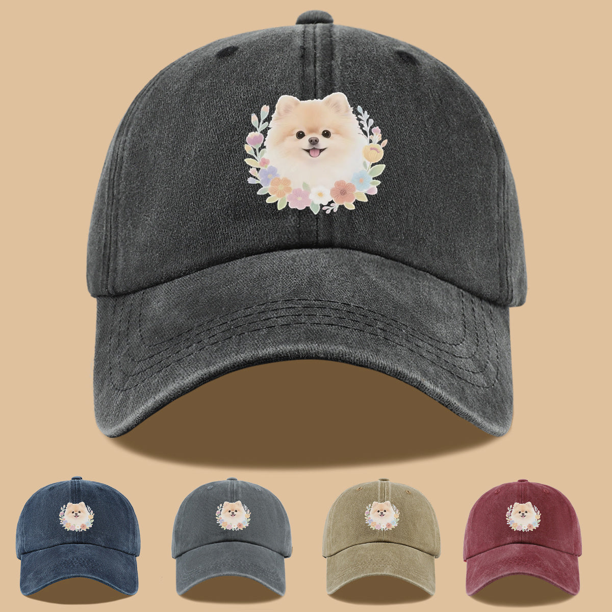 1pc Cute Pomeranian Dog Floral Surround Print Baseball Cap, Adorable Cartoon Breathable Sun Hat, Fashionable Fresh Aesthetic Unisex Cap, Adjustable Size Casual Streetwear, Campus Student Hat, Suitable for Daily Commuting, Park Outings