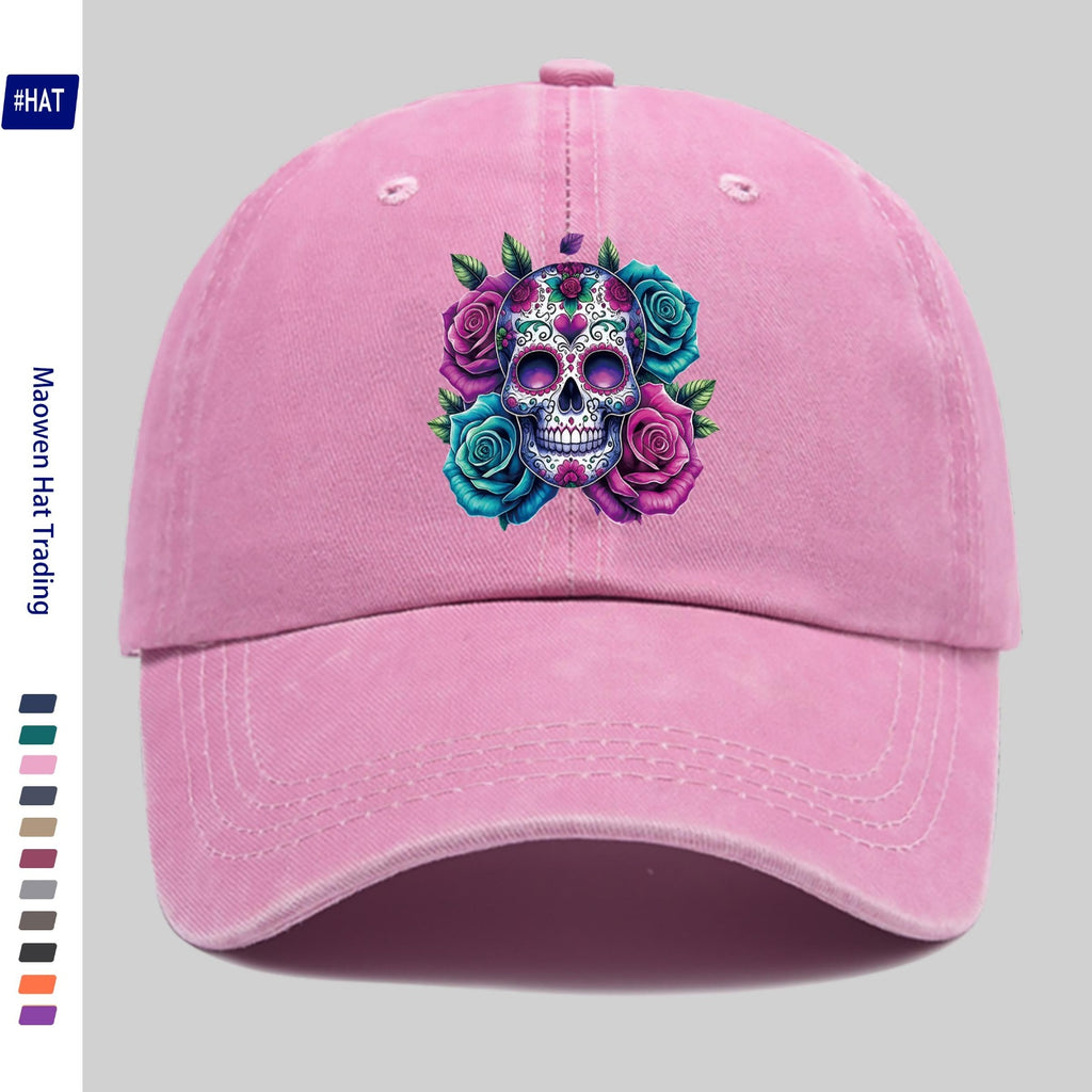 1pc Washed Baseball Cap, Festive Skull And Rose Pattern with Heat Transfer Design, New Halloween-Themed Autumn/Winter Distressed Baseball Cap, Unisex, Adjustable, Lightweight Outdoor Hat