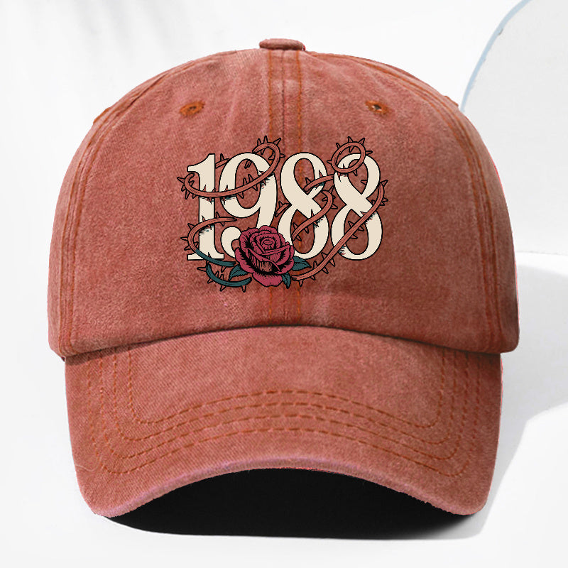 Unisex Thorn Flower 1988 Print Washed Vintage Baseball Cap, Fashionable Sun Outdoor Hat for Men and Women, Adjustable Trucker Hat Suitable for All Seasons and Daily Wear