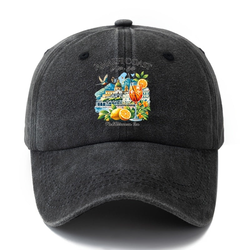 A Unisex Fashionable and Versatile Printed Baseball Cap Featuring the Italian Amalfi Coast. This Classic Vintage-washed Outdoor Lightweight Curved-brim Hat Is Also Known as a Trucker Cap. Suitable for Casual Occasions Such as Outdoor Vacations
