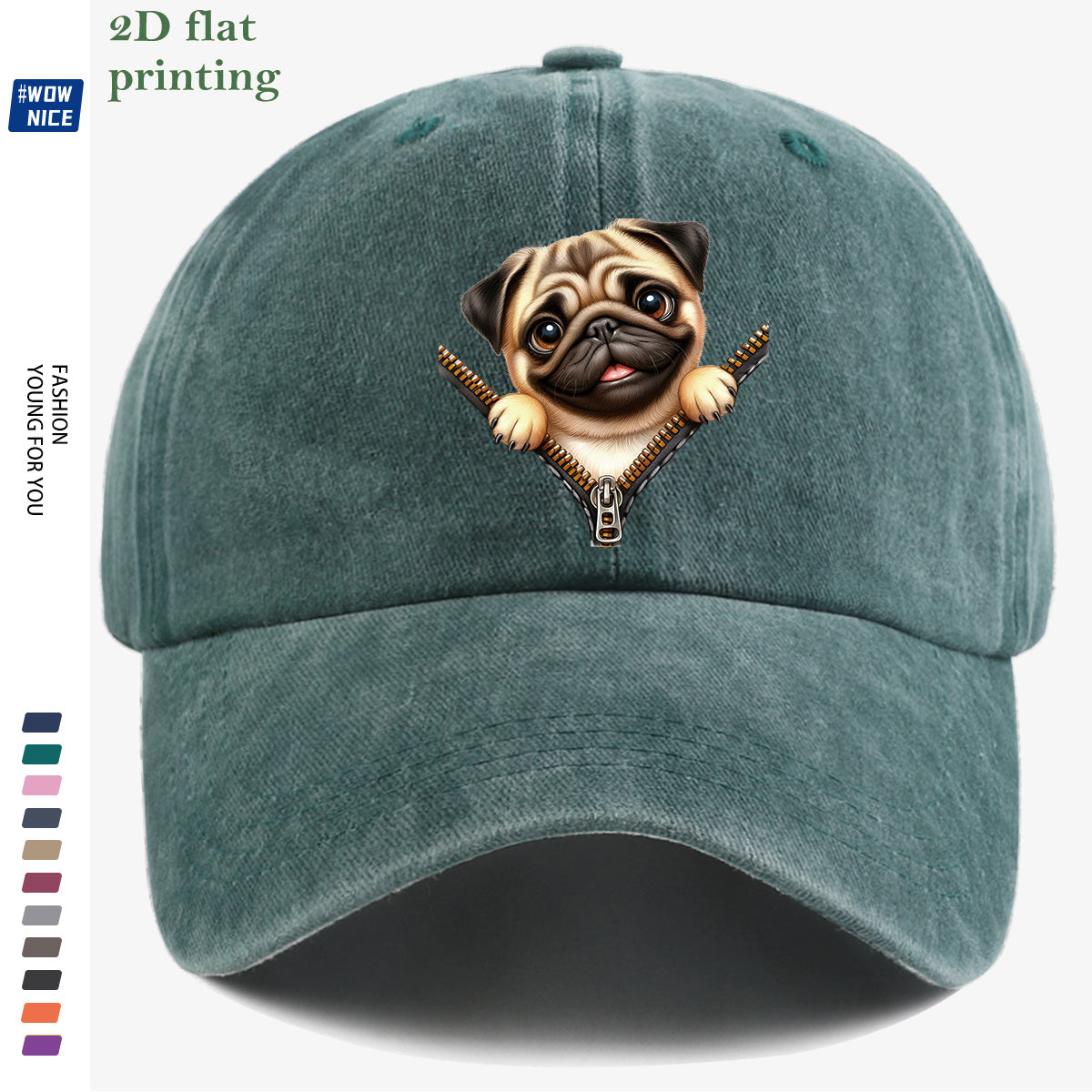 1pc Pug Zipper Print Baseball Cap, Cute Animal Pattern Headwear, Fashionable and Versatile Hat Accessory, Unisex Street Style Hat with Adjustable Size, Slimming and Face-Shaping, Suitable for Daily Outings, Parties, Dates, Shopping, Outings