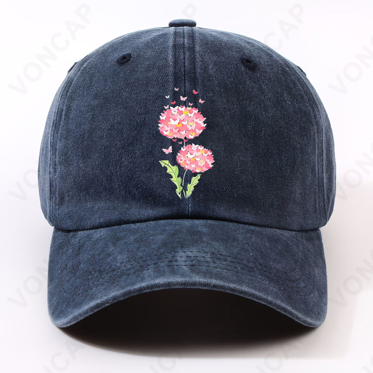 Men' & Women' Pink Floral Washed Cap with Front Chest Print - Adjustable Pull String Closure, Machine Washable Suitable for Home, Commuting, Campus, Sports, Parties - Trendy Washed Cap for Daily Wear and Special Occasions