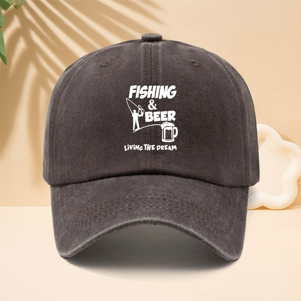 Baseball Cap with FISHING BEER Silhouette Print, American Casual Outdoor Lifestyle Design, Adjustable Size Unisex Casual Hat, All-Season Versatile Neutral Style, Curved Brim Hat for Outdoor Fishing, Parties, And Hip-Hop Style, Soft Top Design