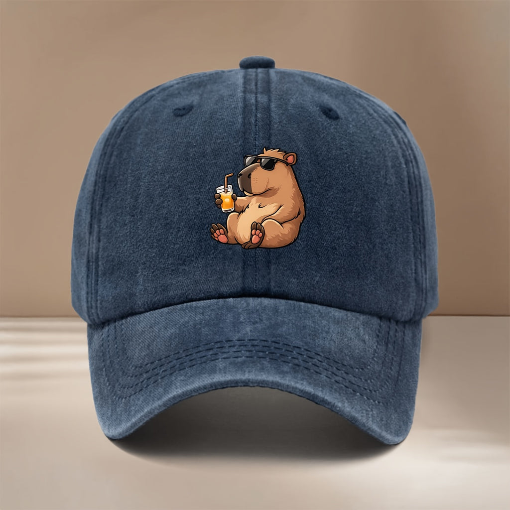 This Is a Baseball Cap with a "Drinking Guinea Pig" Graphic Print. It's Comfortable, Lightweight, and Adjustable in Size. A Six-panel Unisex Hat, This Simple and Trendy Snapback Is Perfect for Outdoor Sports, Picnics, Camping, and  Fashion