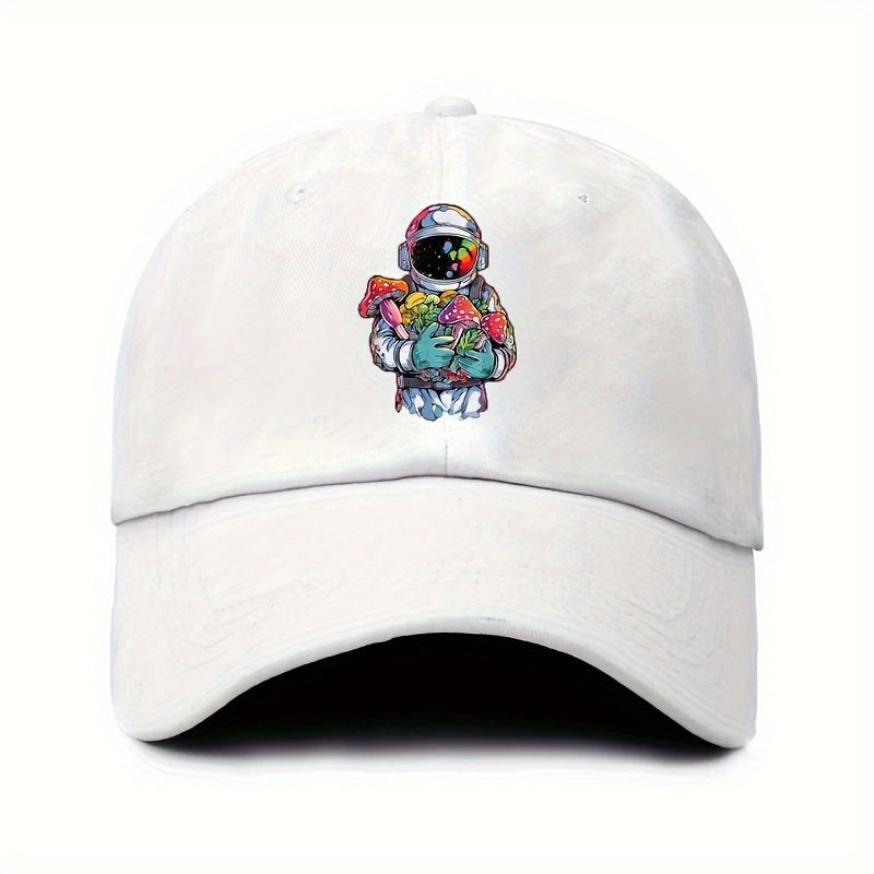 Vintage-style Astronaut Holding Various Mushroom Prints, Washed Baseball Cap, Fun Adjustable Hat
