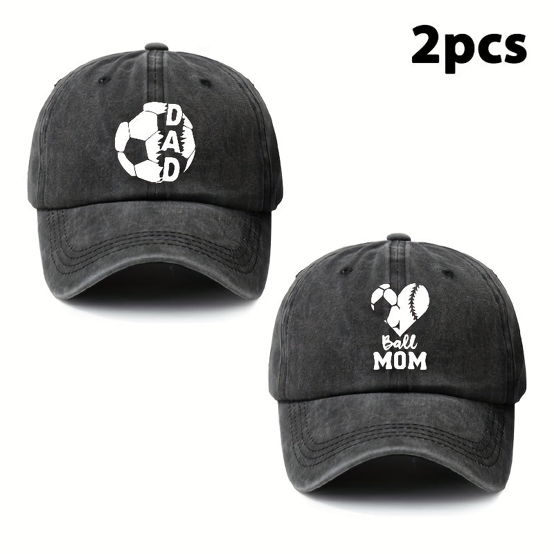 Parents' 2pcs Printed Football Heart-shaped Letter Vintage Soft-top Baseball Cap, Adjustable Style, Suitable for Daily Wear in All Seasons, an Essential Fashion Hat for Outdoor Sports, Fishing, and Camping
