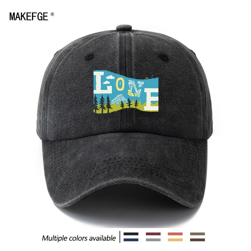 Unisex Fashion Versatile Printed LOVE Outdoor Baseball Cap, Classic Retro Washed Outdoor Lightweight Curved Brim Hat, Trucker Cap, Suitable for Outdoor Vacation Travel Camping And Other Casual Occasions, Holiday Party Hip-Hop Hat