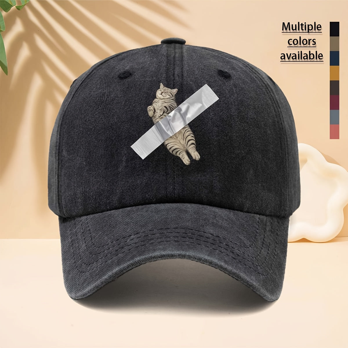 Adjustable Cat Tape-Printed Baseball Cap with Tape-Themed Tab & Curved Brim - Soft Top Trucker Hat Suitable for All- Wear, Unisex for Men & Women, Casual, Parties, Hip-Hop Outfits - Durable Comfortable Design