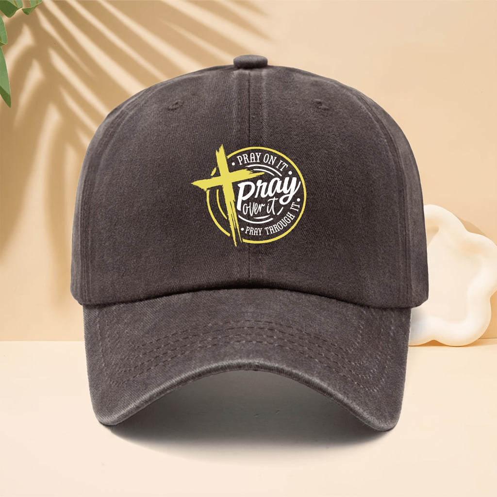 Yellow Cross Circle Pray Over It Pattern Printed Baseball Cap Reverent Retro Faith Design Style Curved Brim Hat for Walking, Gatherings, Dates, Shopping, Vacation, Travel