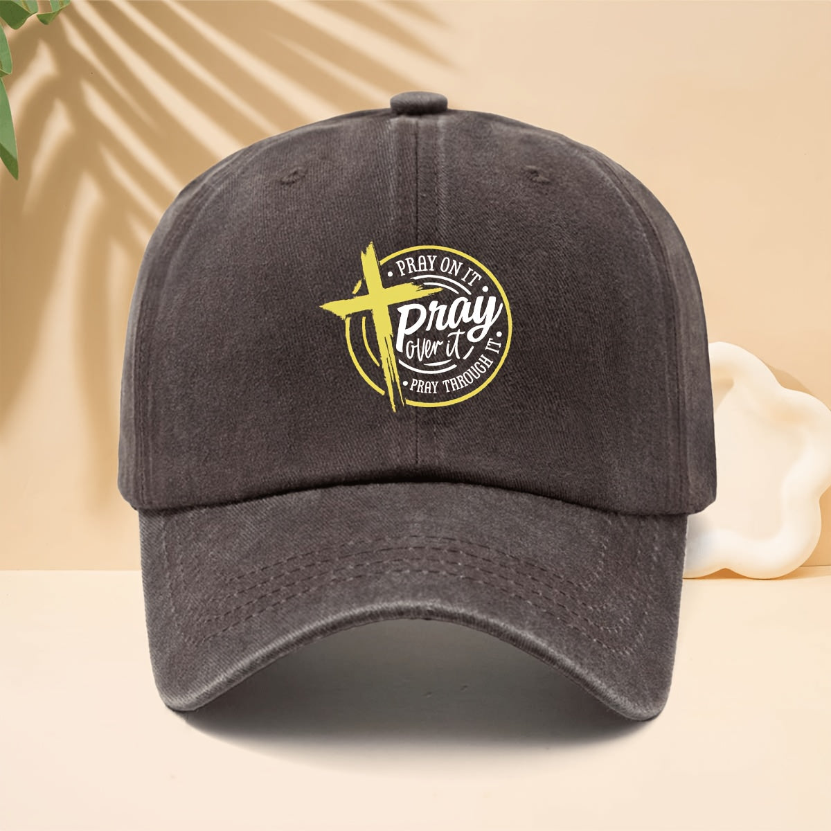 Yellow Cross Circle Pray Over It Pattern Printed Baseball Cap Reverent Retro Faith Design Style Curved Brim Hat for Walking, Gatherings, Dates, Shopping, Vacation, Travel