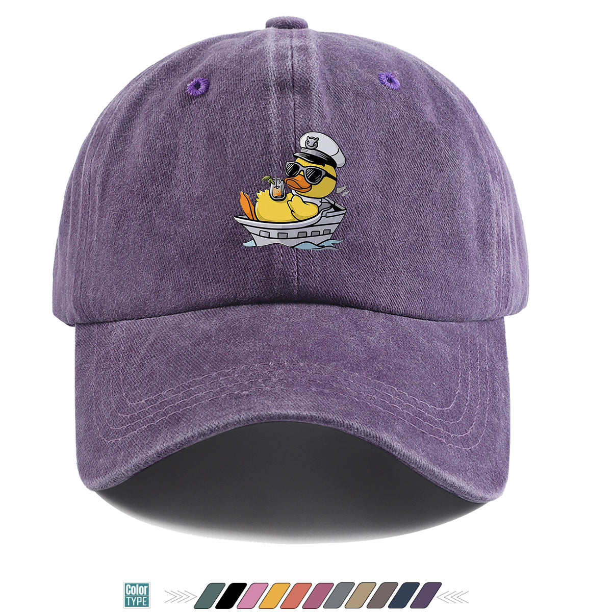 1pc Cartoon Captain Duck Printed Baseball Cap, Yellow Duck Wearing Captain Hat And Glasses, Sitting on Yacht with Drink, Fun Trendy Sun Hat, Unisex Adjustable Casual Street Fashion Hat, Outdoor Play Vacation Hat, Beach Seaside Sunshade Hat