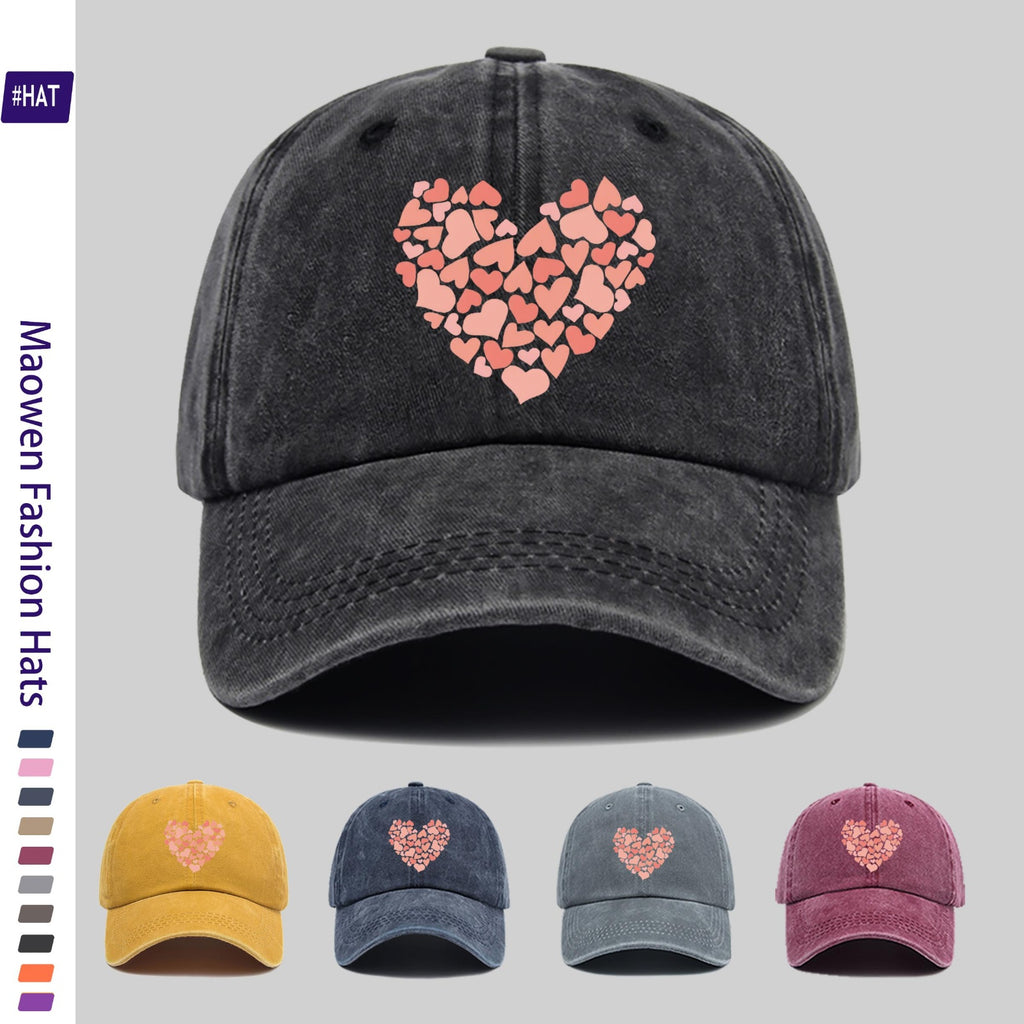Summer Unisex Adjustable Baseball Cap, Washed Distressed Design, Large Heart Print with Small Heart Details, Washed Vintage Cap, Street Skateboard Cap, Retro Dad Hat, Durable, Comfortable, Breathable Trucker Cap
