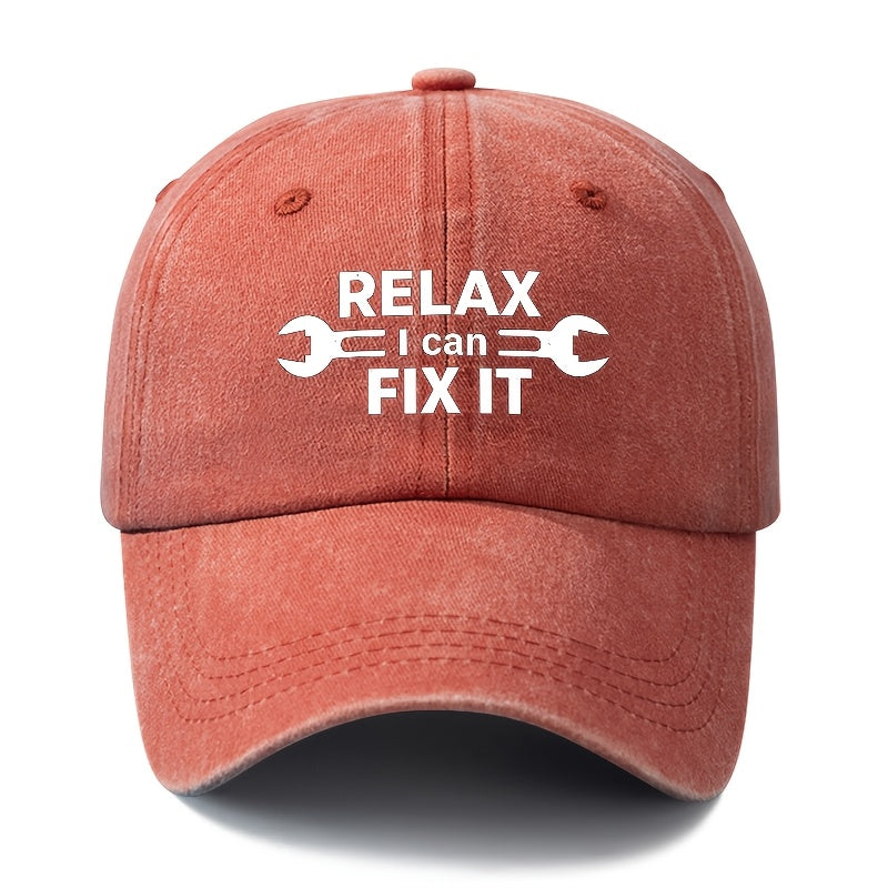A Unisex Fashionable and Versatile Printed RELAX FIX IT Baseball Cap, Featuring a Classic Vintage Washed Lightweight Curved Brim. This Trucker Baseball Cap Is Suitable for Casual Occasions Such as Outdoor Vacations, Travel, and Camping. It Also Works