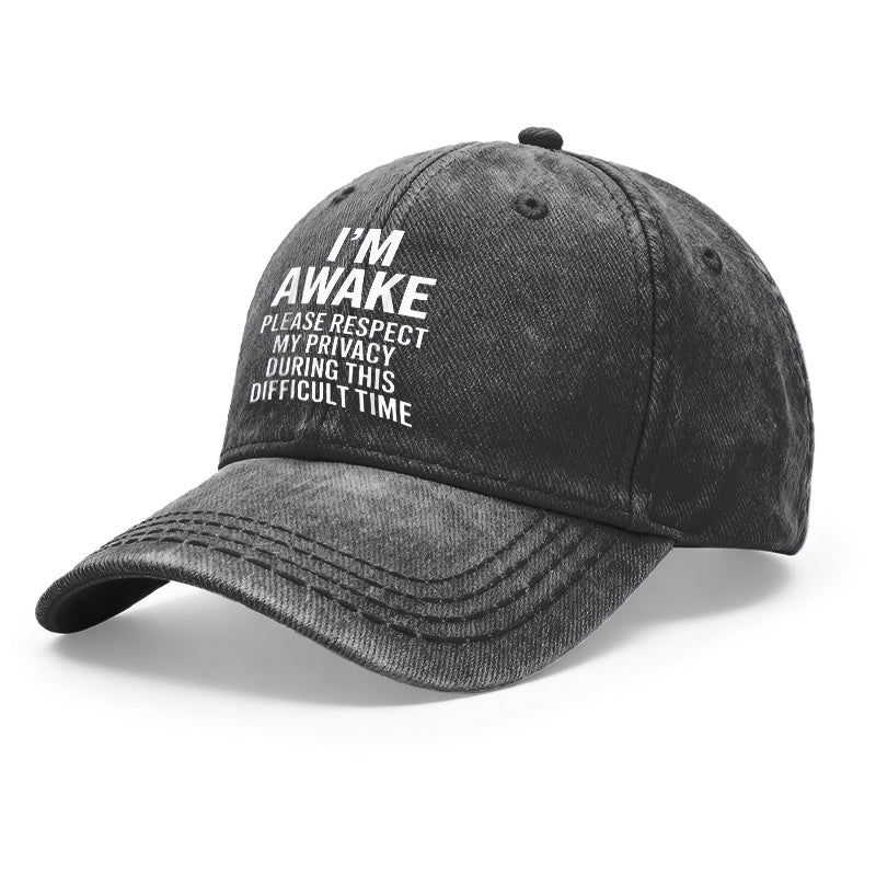 1pc Vintage Washed Unisex Baseball with "I'M AWAKE PLEASE RESPECT MY PRIVACY" Print - Adjustable Hat Suitable for Outdoor & Casual Wear, Gifts for Men & Women, Year-Round, Privacy Statement for and Daily Use