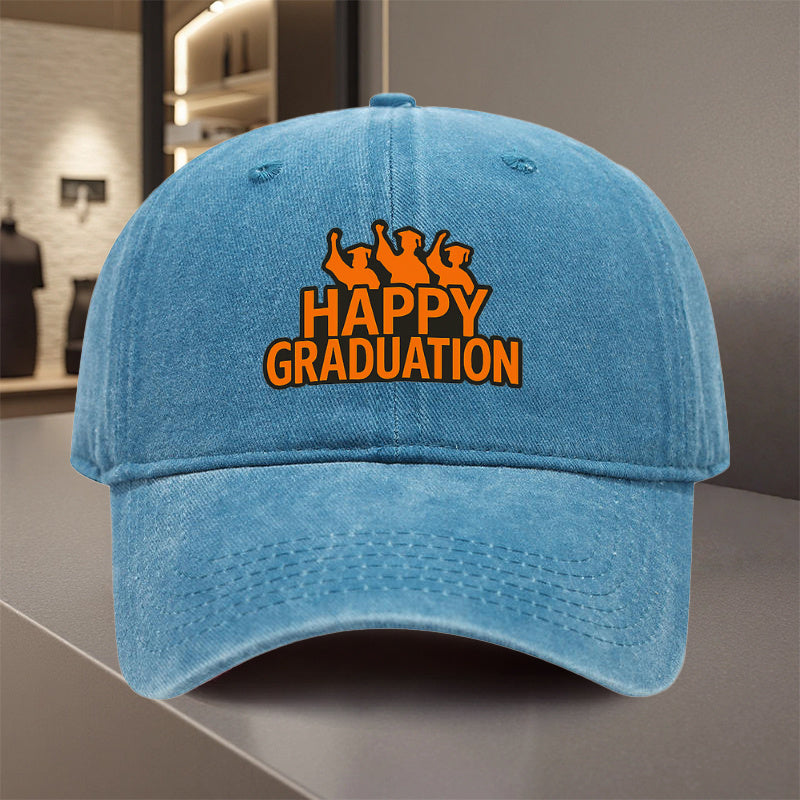 A Versatile Baseball Cap Featuring a 'Happy Graduation' Design, Made from Lightweight Polyester with Printed Craftsmanship. It'S Perfect for Outdoor Sports And Camping Enthusiasts, Trendy for Couples, Suitable As a Golf Cap, Trucker Hat