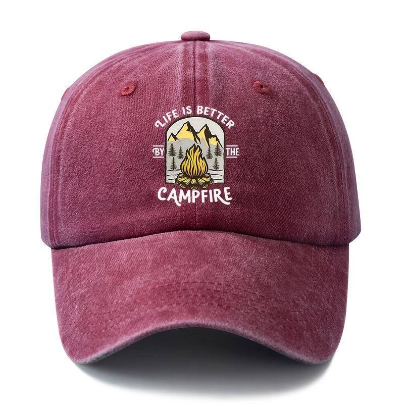 A Unisex, Fashionable and Versatile Printed Campfire Camping Baseball Cap, a Classic Retro Washed Outdoor Lightweight Curved Brim Cap, a Trucker Baseball Cap, Suitable for Outdoor Vacations, Travel, Camping and Other Casual Occasions, a Hip-hop Cap F