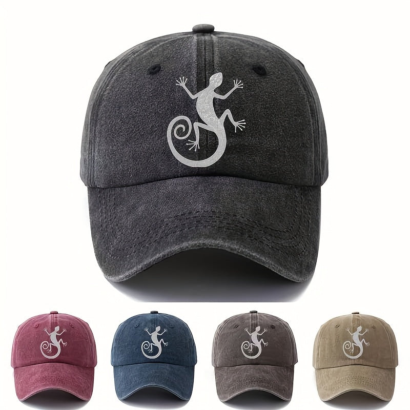 Men' & Women' Retro Washed Gecko Print Trucker Cap - Lightweight Curved Brim Baseball Hat with Gecko, Machine Washable Suitable for Outdoor Travel, Camping,, Casual Wear - Unisex for Adventures