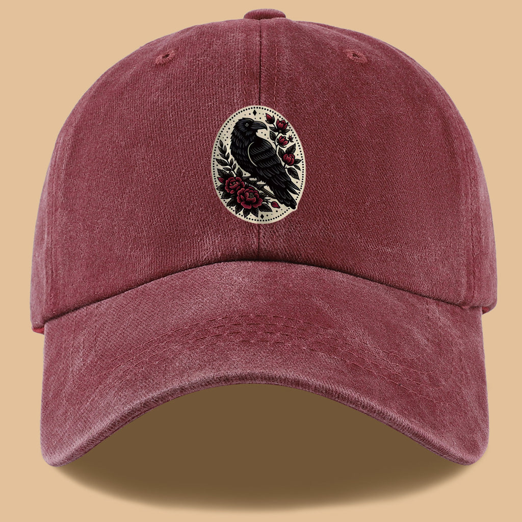 1pc 1pcs Black Crow & Red Rose Vintage Duckbill Baseball Cap - Adjustable Unisex Hat Suitable for Men & Women, Gothic Streetwear Sun Hat for Outdoor Travel, Daily Commute, Photo Shoots, Creative,,