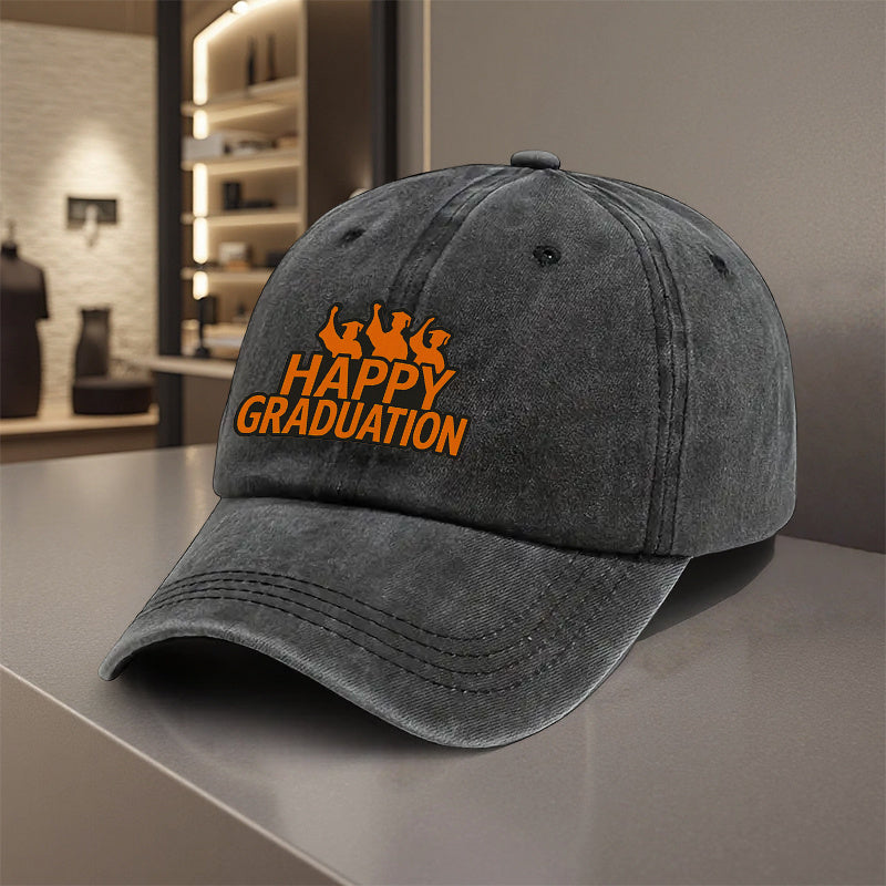 A Versatile Baseball Cap Featuring a 'Happy Graduation' Design, Made from Lightweight Polyester with Printed Craftsmanship. It'S Perfect for Outdoor Sports And Camping Enthusiasts, Trendy for Couples, Suitable As a Golf Cap, Trucker Hat