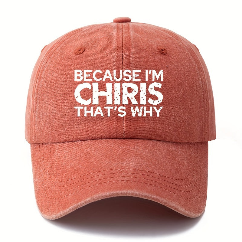 MAKEFGE "Because I'm Chris, That's All" Baseball Cap - Snapback Washed Polyester Sun Hat Suitable for Outdoor, Parades, Festivals, Casual Wear | All- Cap with Iconic Text, Available in Black, Tan, Navy, Dark Gray